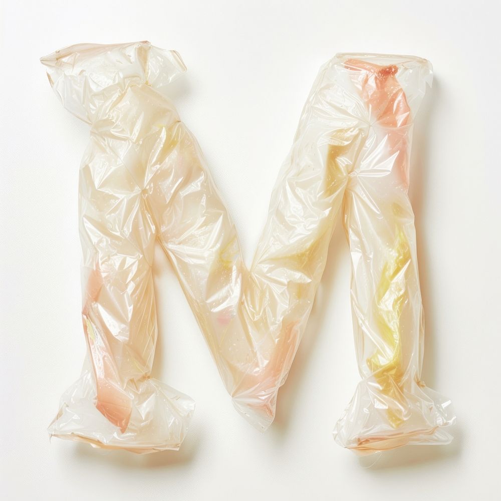 Plastic bag alphabet M white background crumpled yellow.