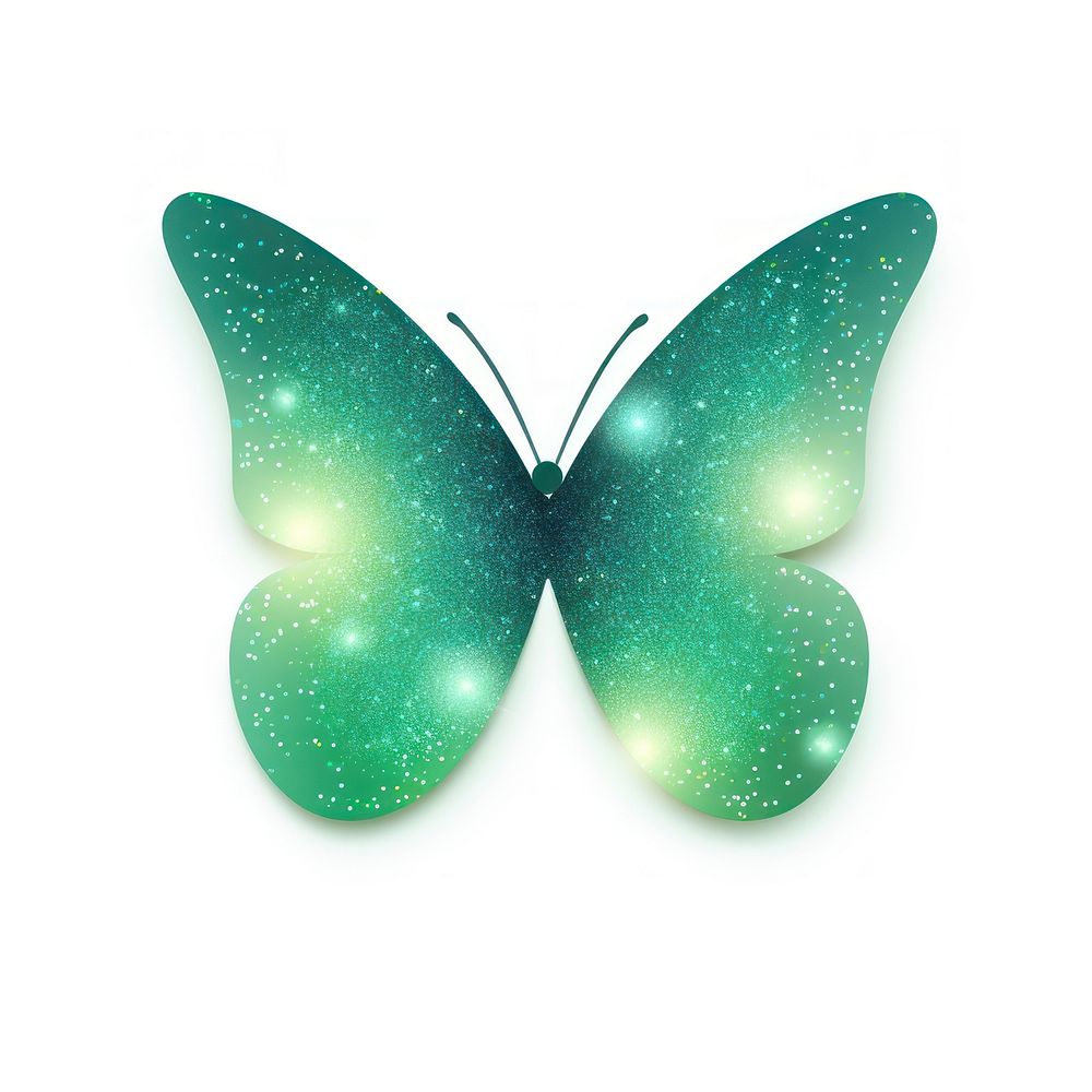 Blue green gradient butterfly icon turquoise glitter white background.