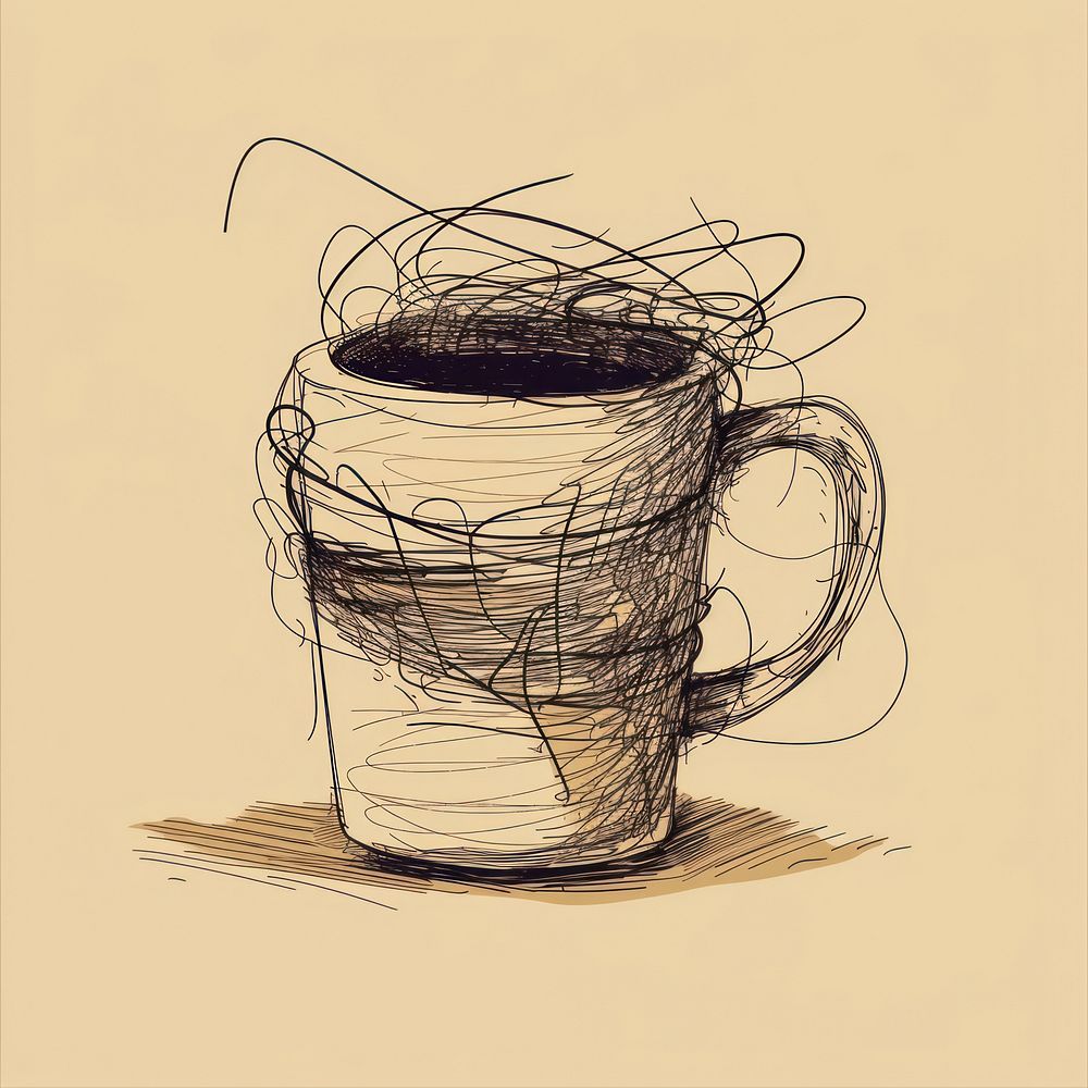 Hand drawn of mug drawing coffee sketch.