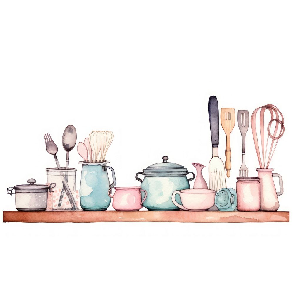 Kitchenware border watercolor spoon white background arrangement.