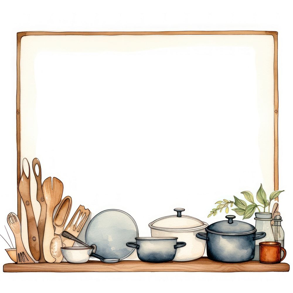 Kitchenware frame watercolor food white background arrangement.