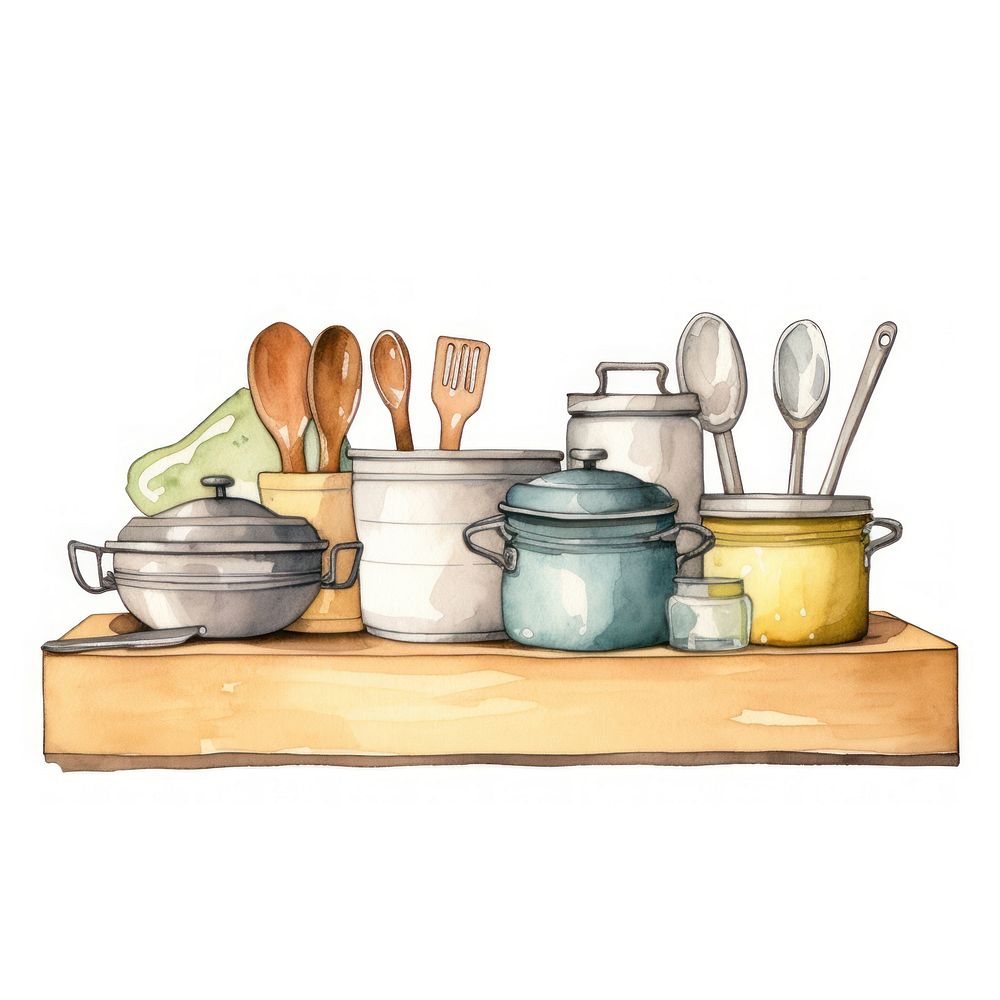 Kitchenware frame watercolor spoon bowl white background.