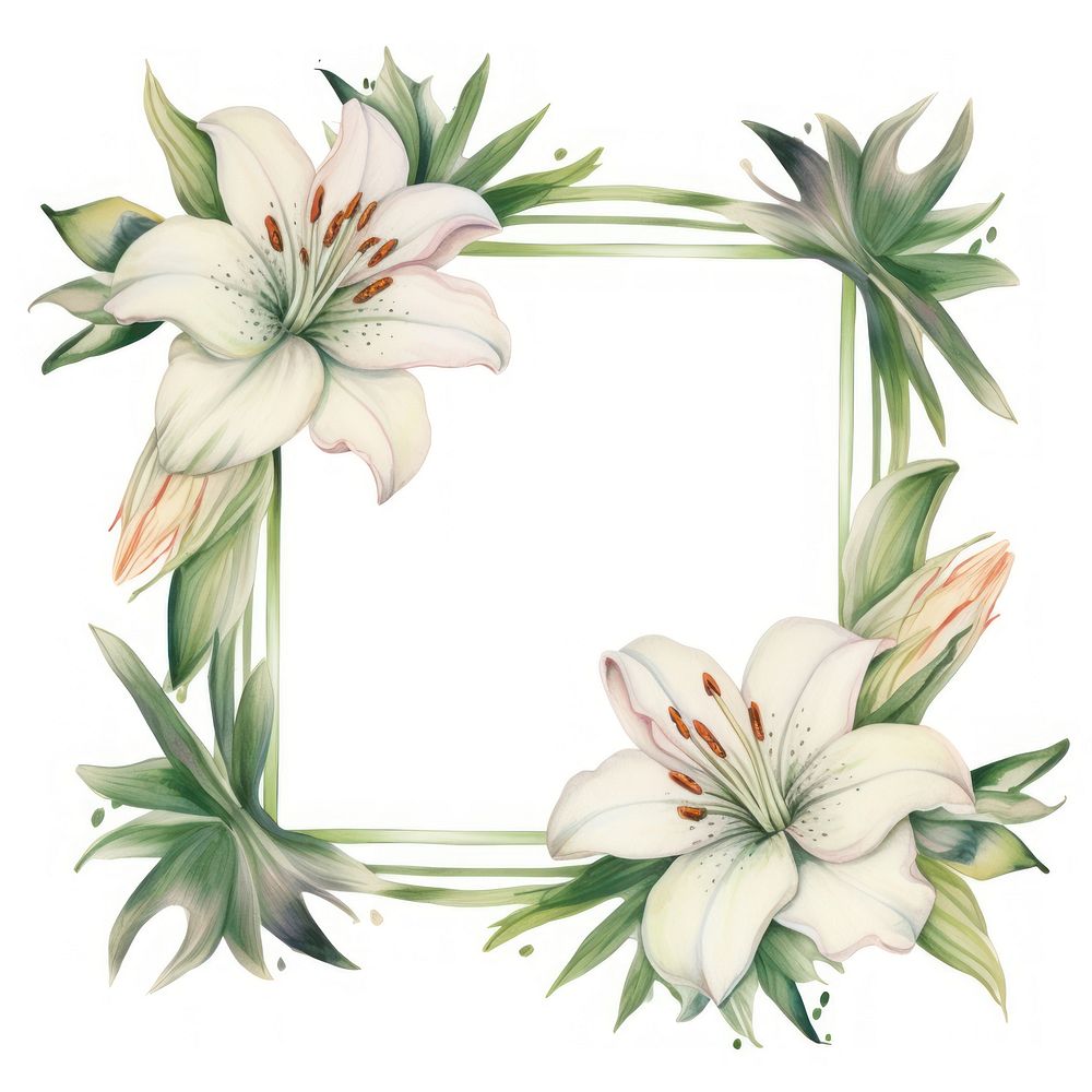 Lily frame watercolor flower plant white background.