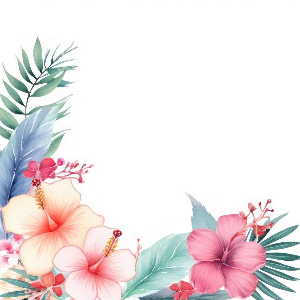 Tropical flower border watercolor hibiscus pattern plant.