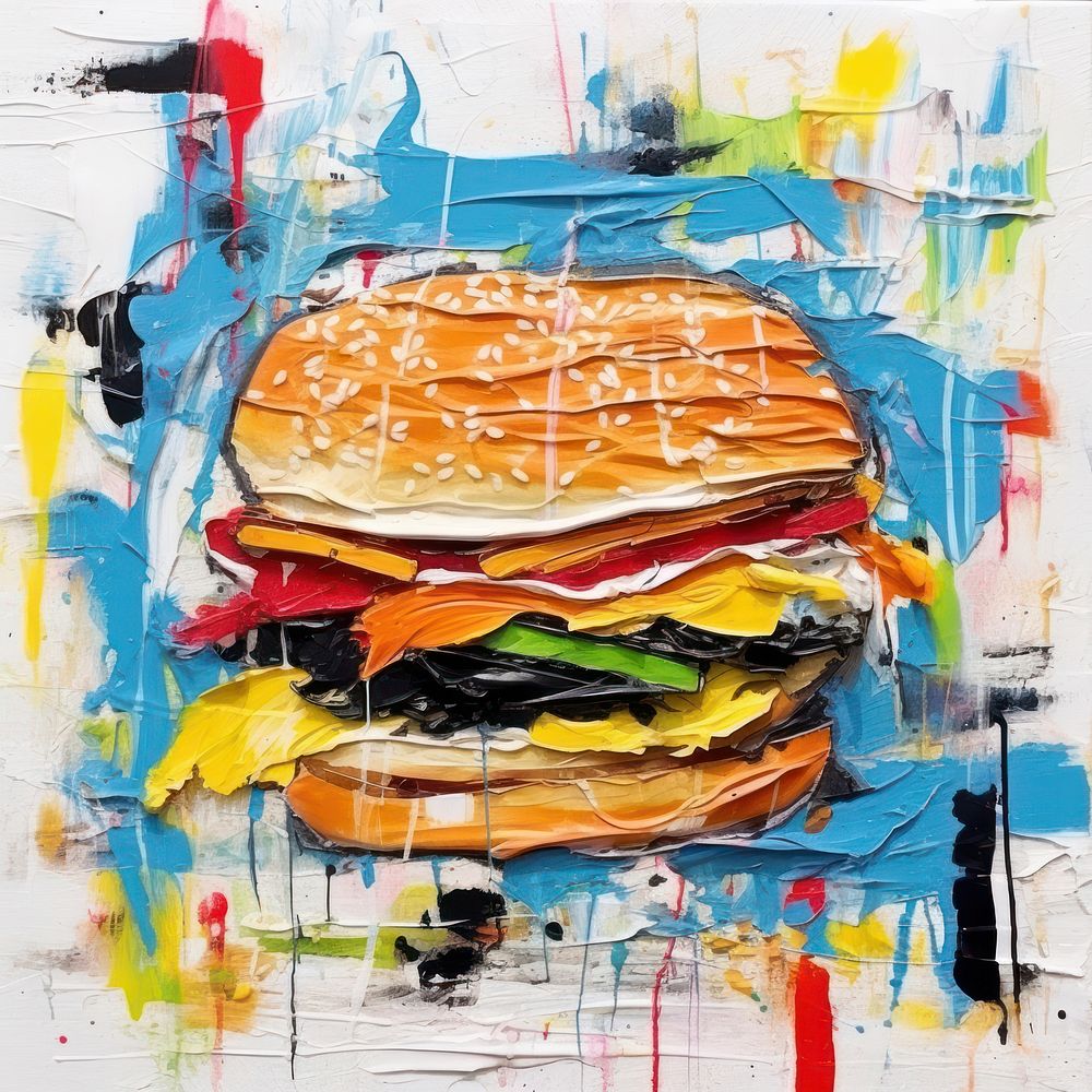 Burger ripped paper painting art creativity.