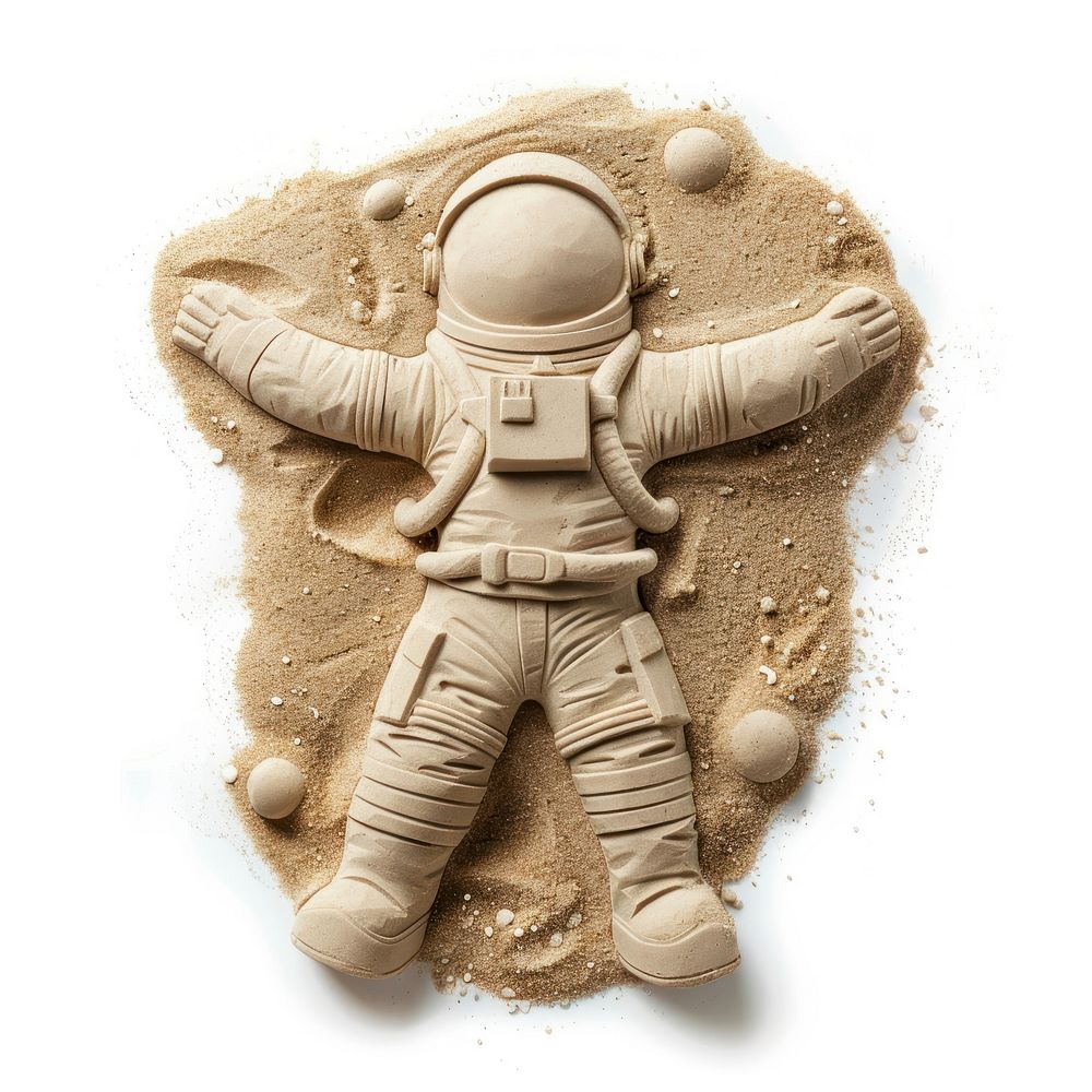 Sand Sculpture astronaut toy sand white background.