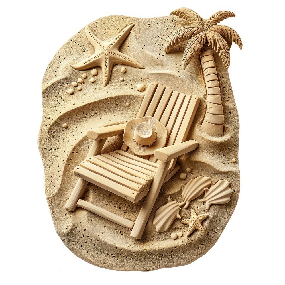 Sand Sculpture beach chair sand white background representation.