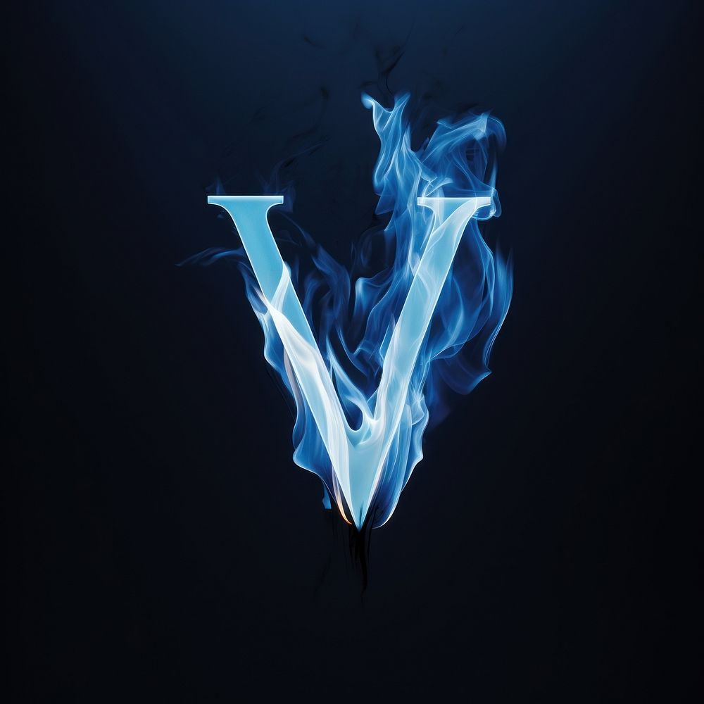 Blue flame letter V font illuminated darkness.