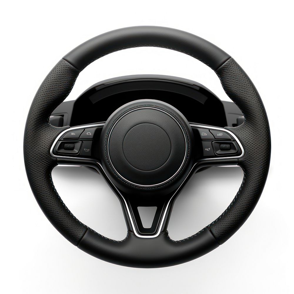 Leather car steering wheel vehicle black white background.