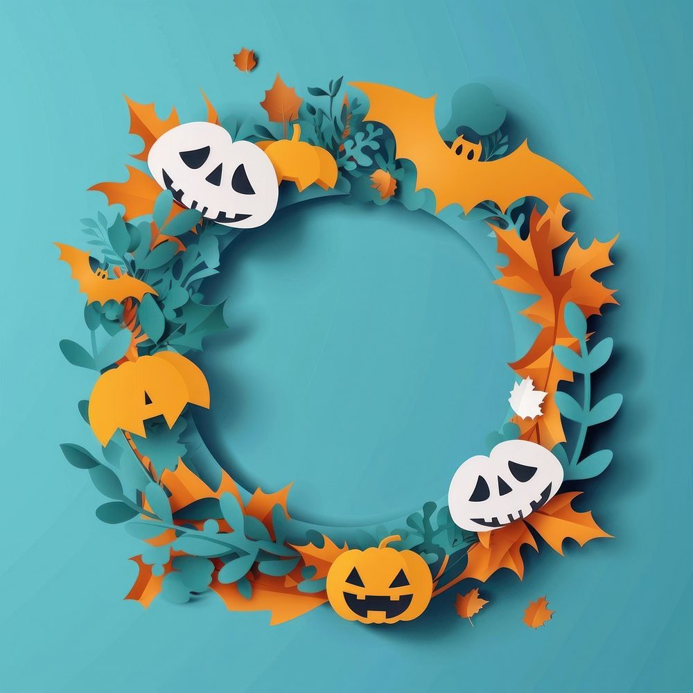 Halloween circle border wreath anthropomorphic jack-o'-lantern.