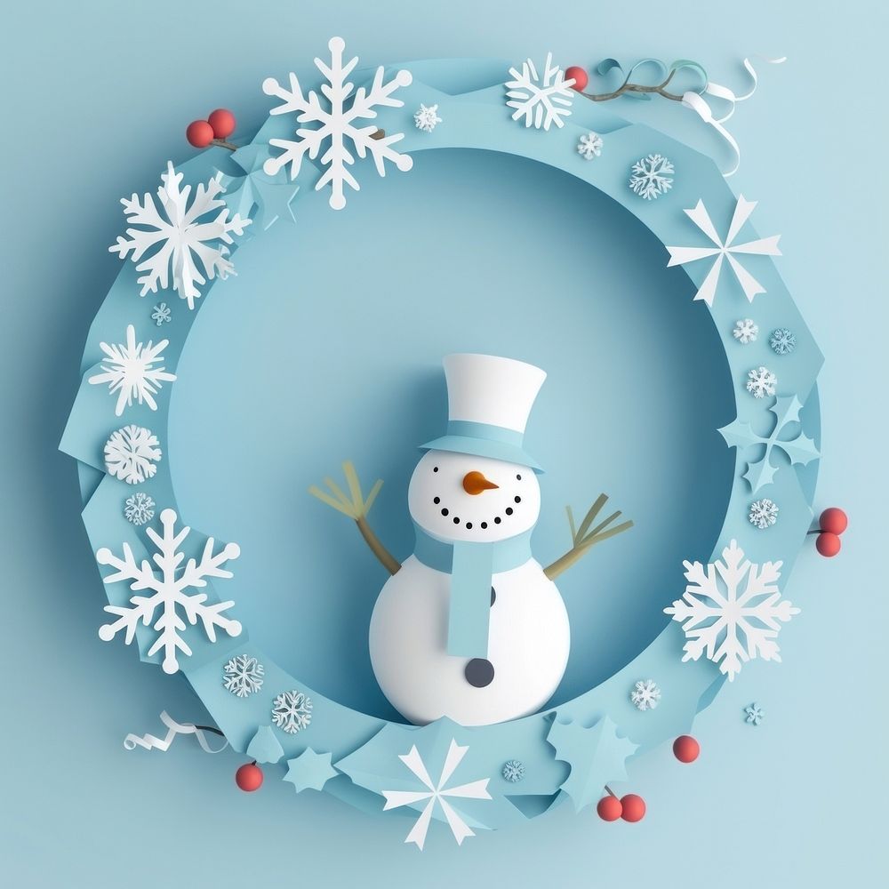 Snowflakes and snowman circle border winter art representation.