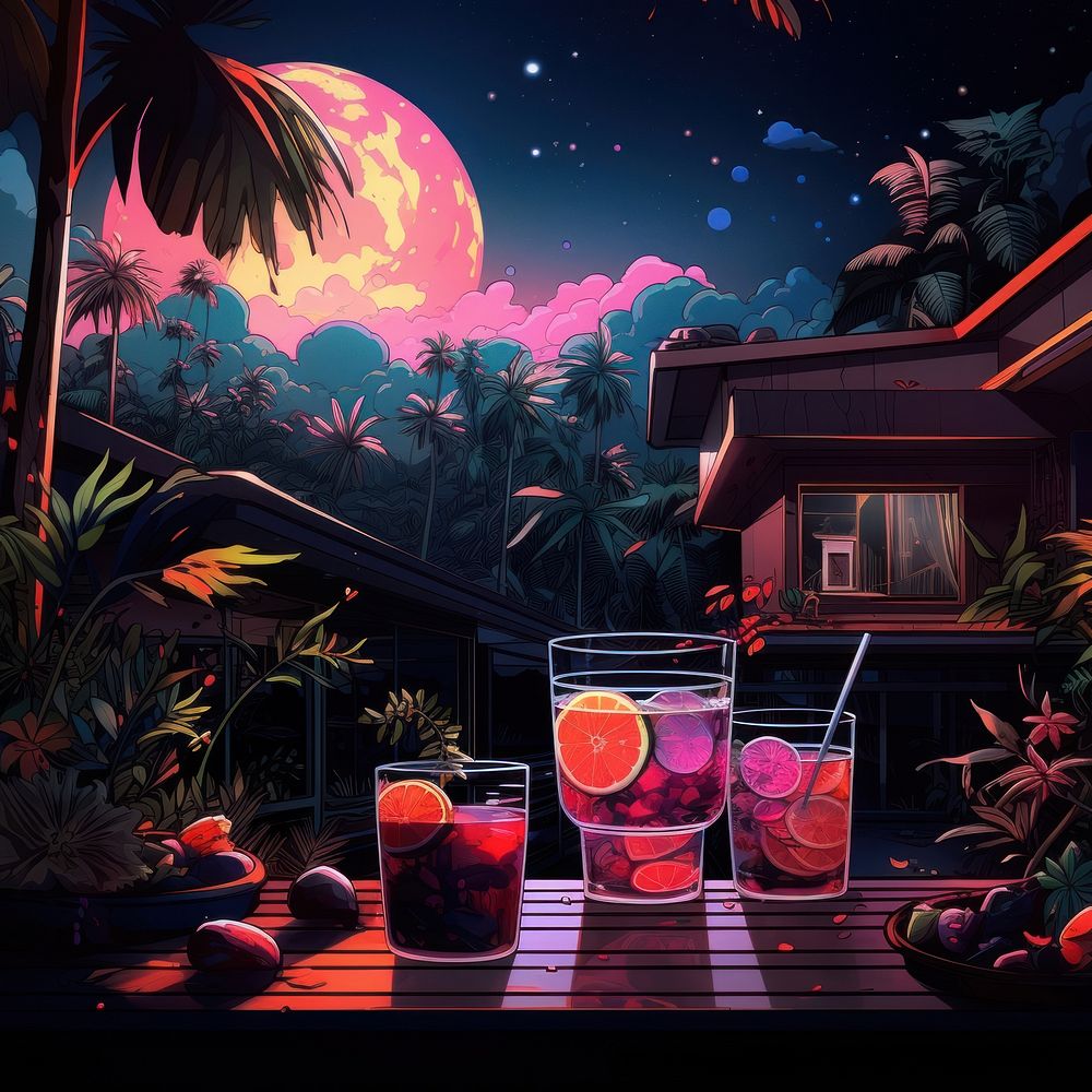 Neon illustration with drinks night outdoors fruit.