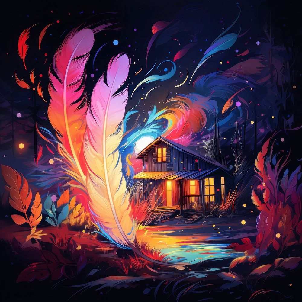 Neon illustration with feather painting night architecture.