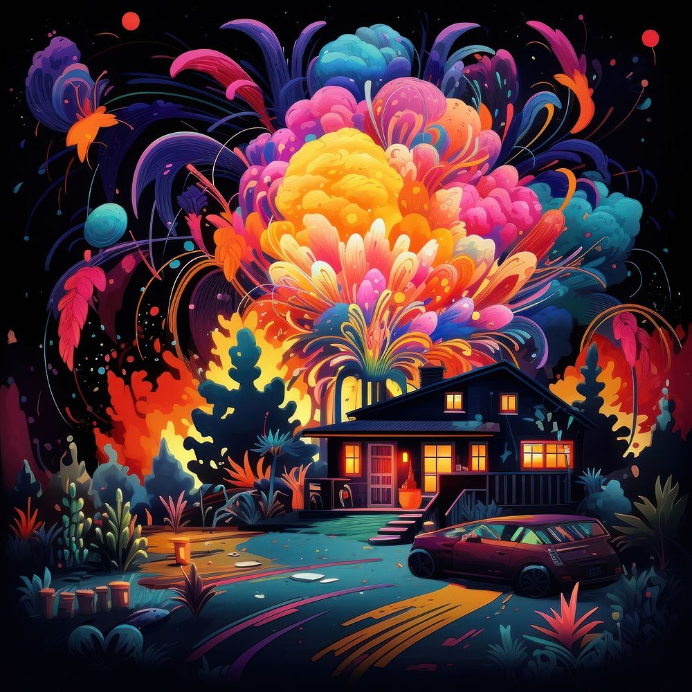 Neon illustration with firework fireworks painting outdoors.