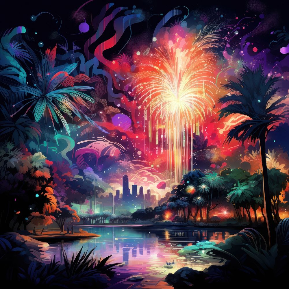 Neon illustration with firework fireworks painting outdoors.