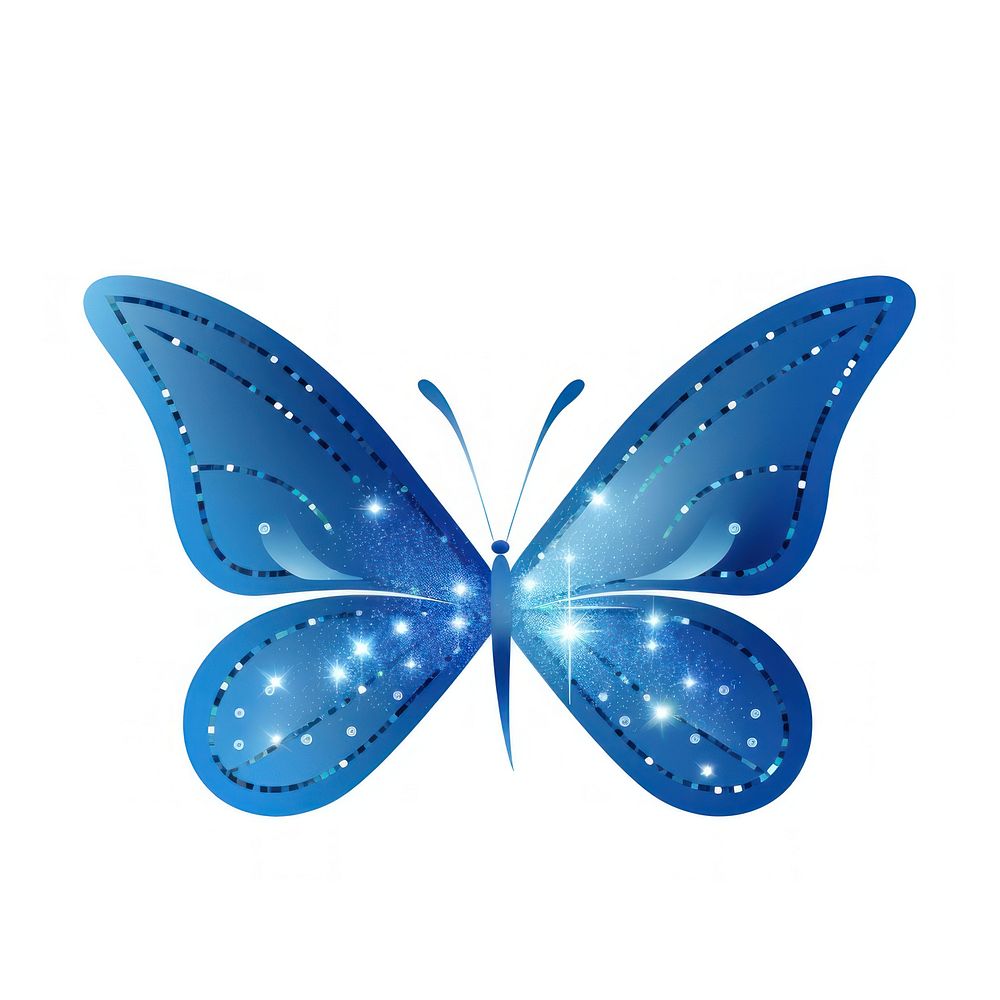 Glitter blue butterfly icon insect shape white background.