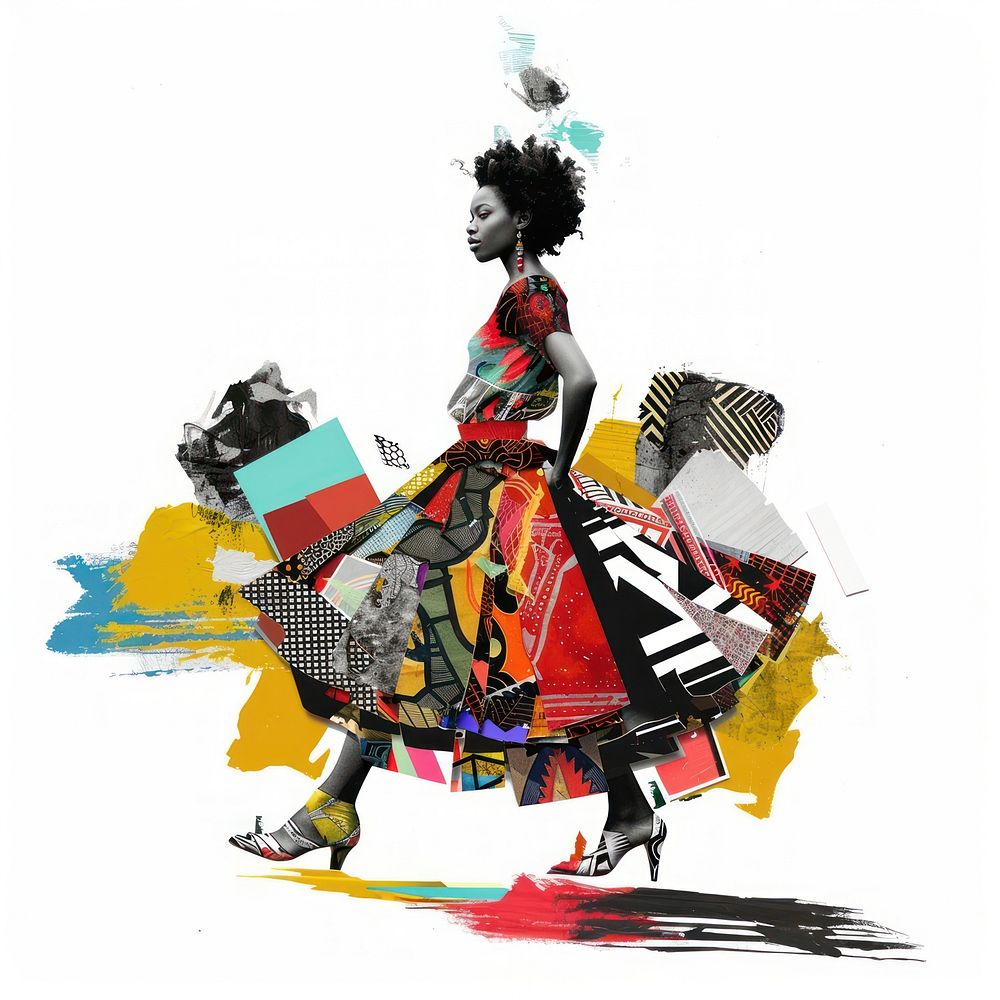Paper collage of black woman singer art painting dancing.