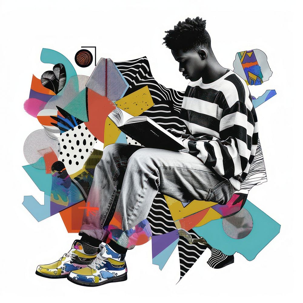 Paper collage of black boy reading book art footwear sitting.