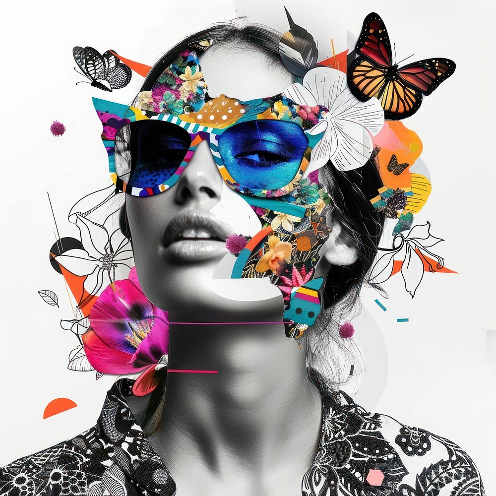 Paper collage of fashion woman portrait art butterfly.
