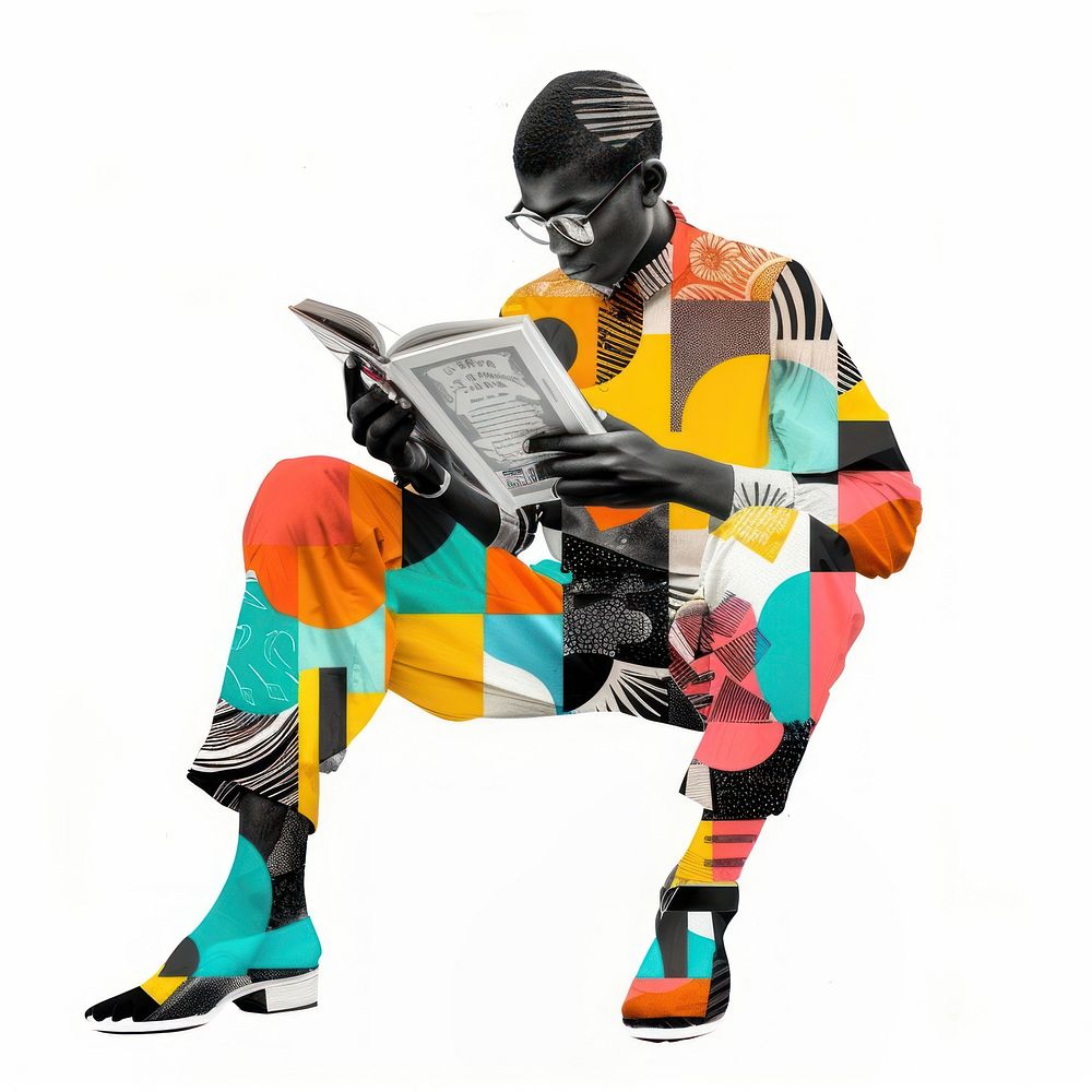 Paper collage of black boy reading book footwear sitting art.