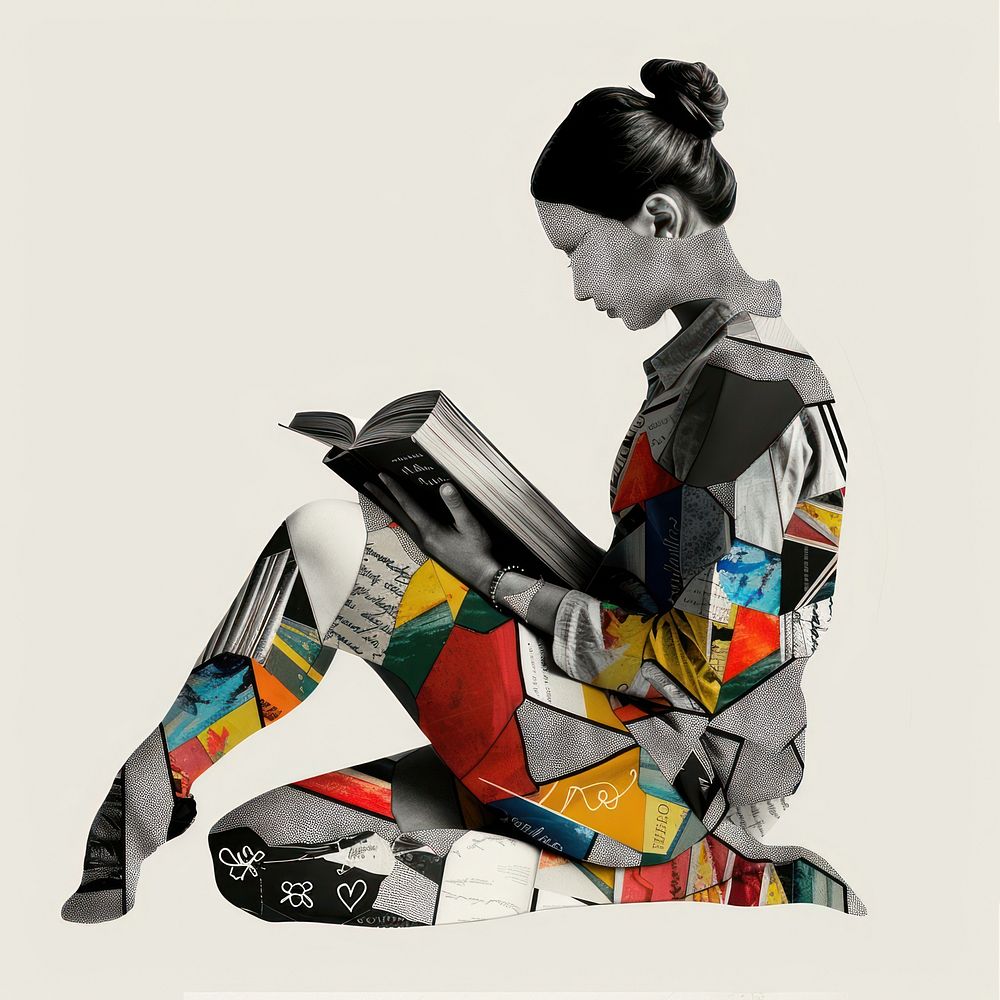 Paper collage of girl reading book art adult creativity.