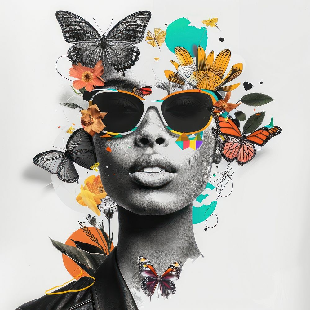 Paper collage of fashion woman portrait art sunglasses.