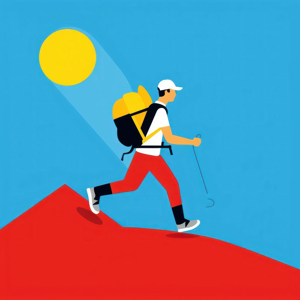 Illustration of a hiking walking cartoon person.