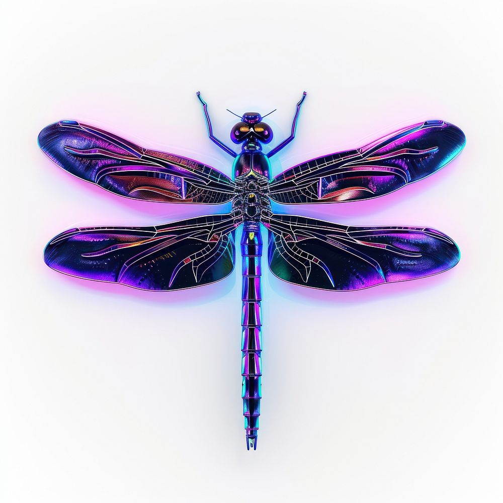 Neon small dragonfly animal insect white background.