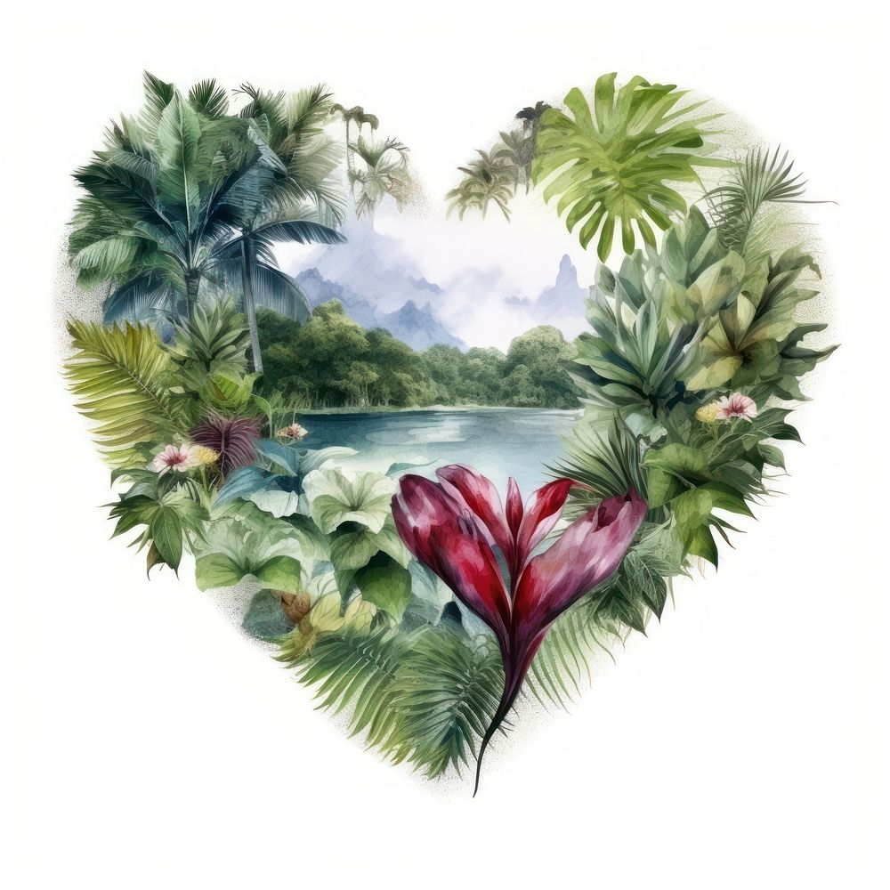Heart watercolor tropical plants painting outdoors tropics.
