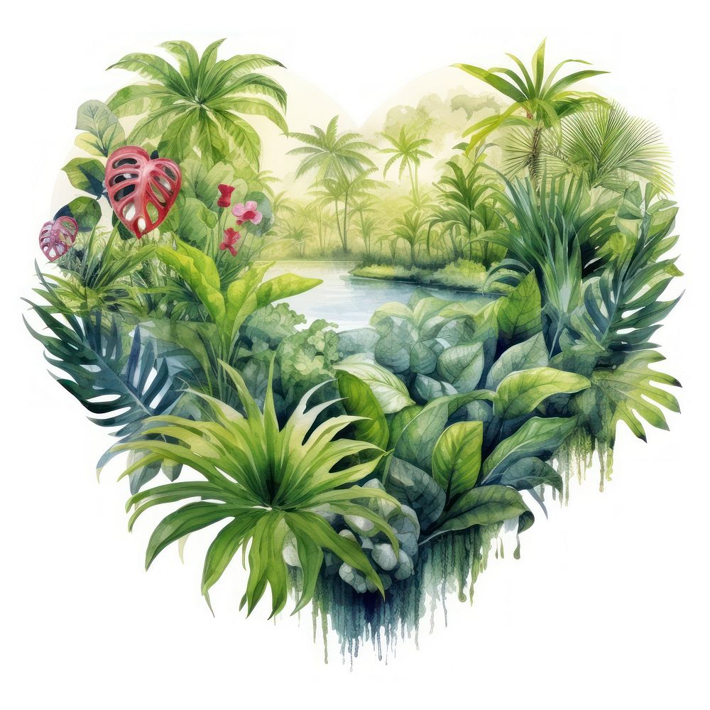 Heart watercolor tropical plants land vegetation outdoors.