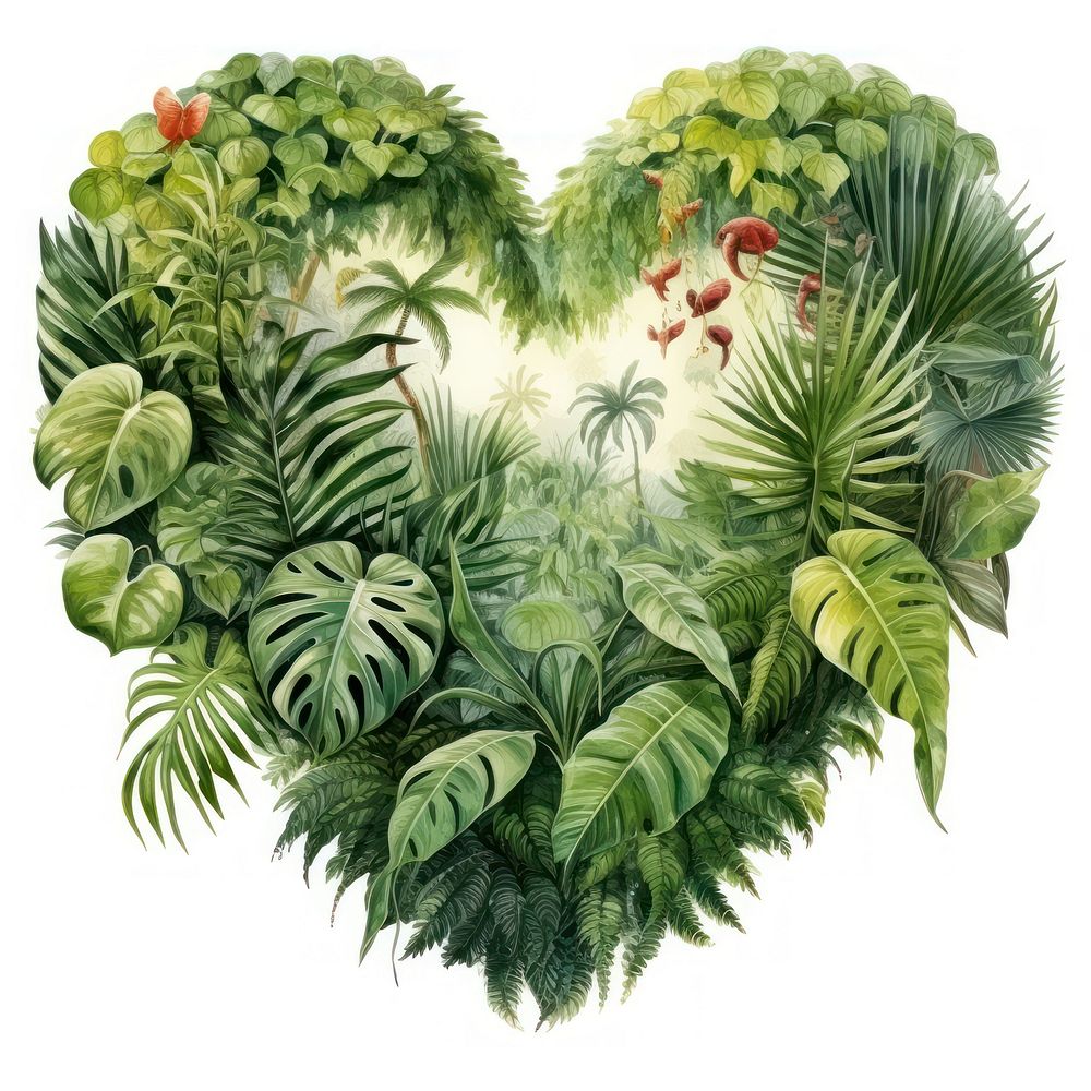 Heart watercolor tropical plants outdoors nature green.