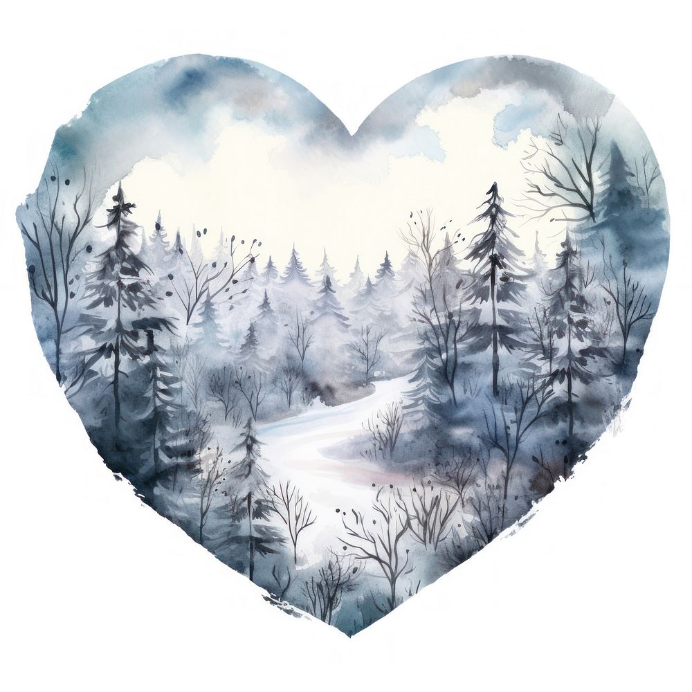 Heart watercolor winter forest landscape outdoors nature.