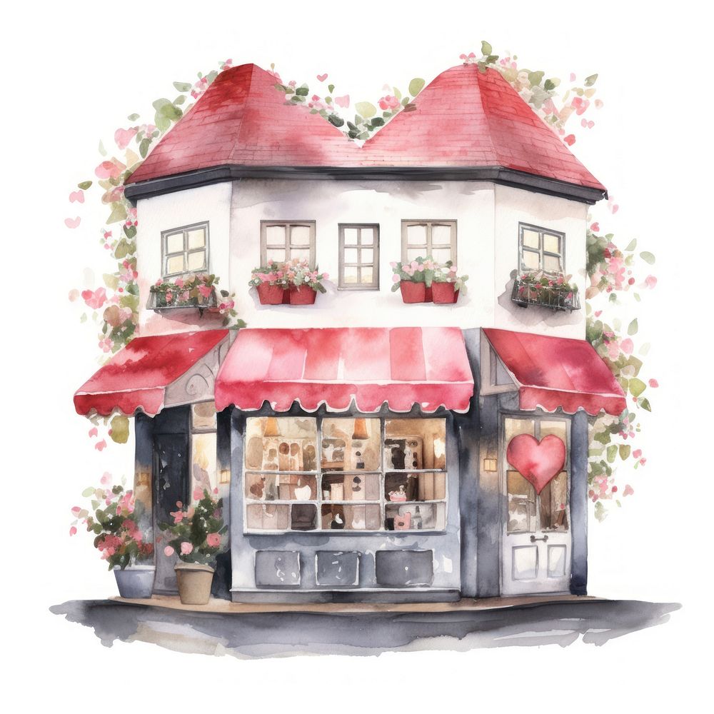 Heart watercolor cafe confectionery architecture restaurant.