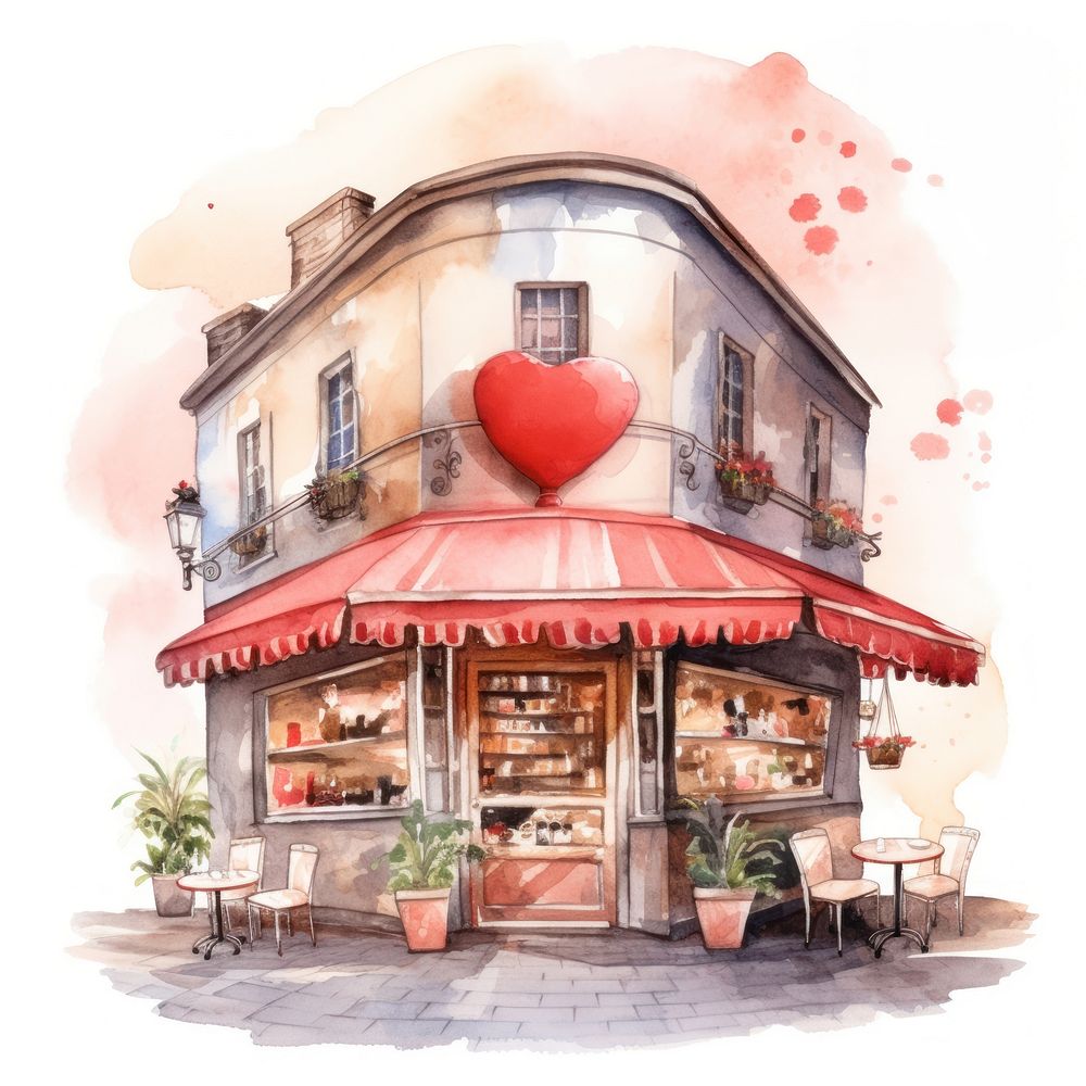 Heart watercolor cafe restaurant city confectionery.
