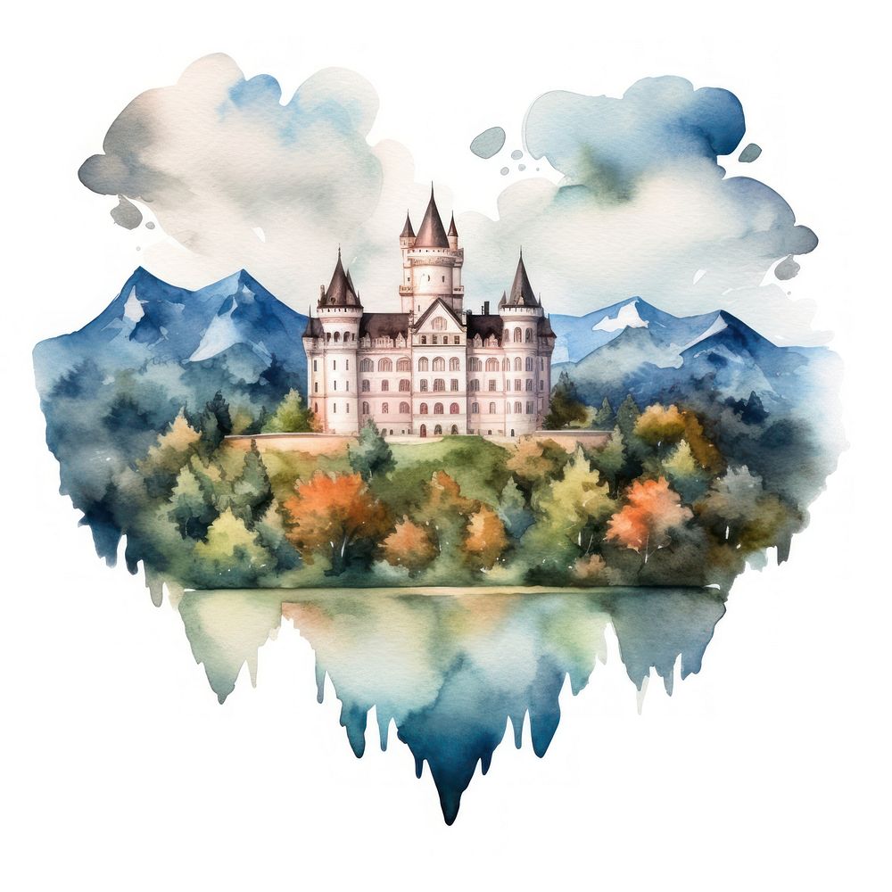 Heart watercolor castle architecture landscape building.