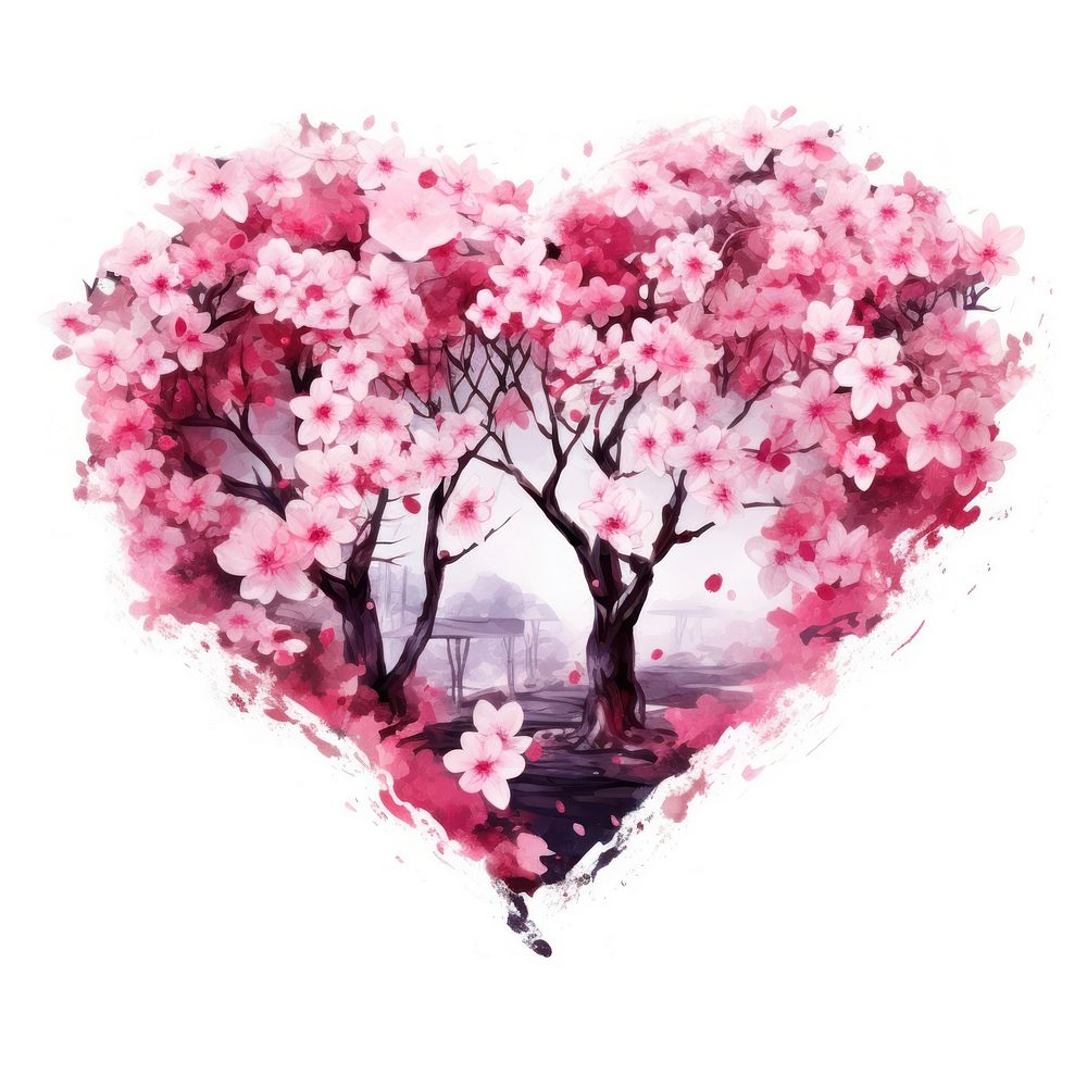Heart watercolor cherry blossom flower plant white background.