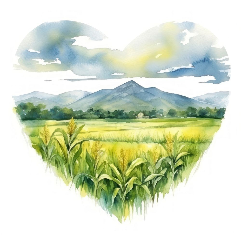 Heart watercolor corn field landscape grassland outdoors.