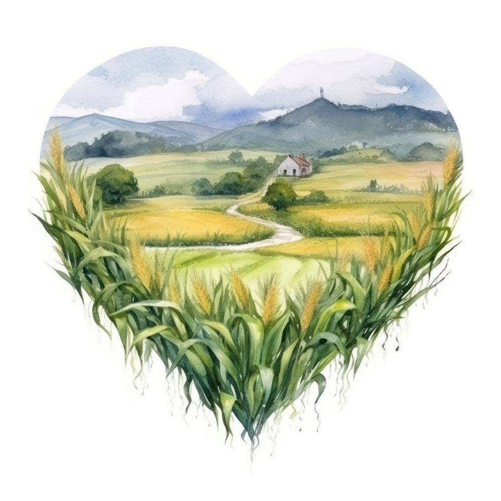 Heart watercolor corn field landscape outdoors painting.
