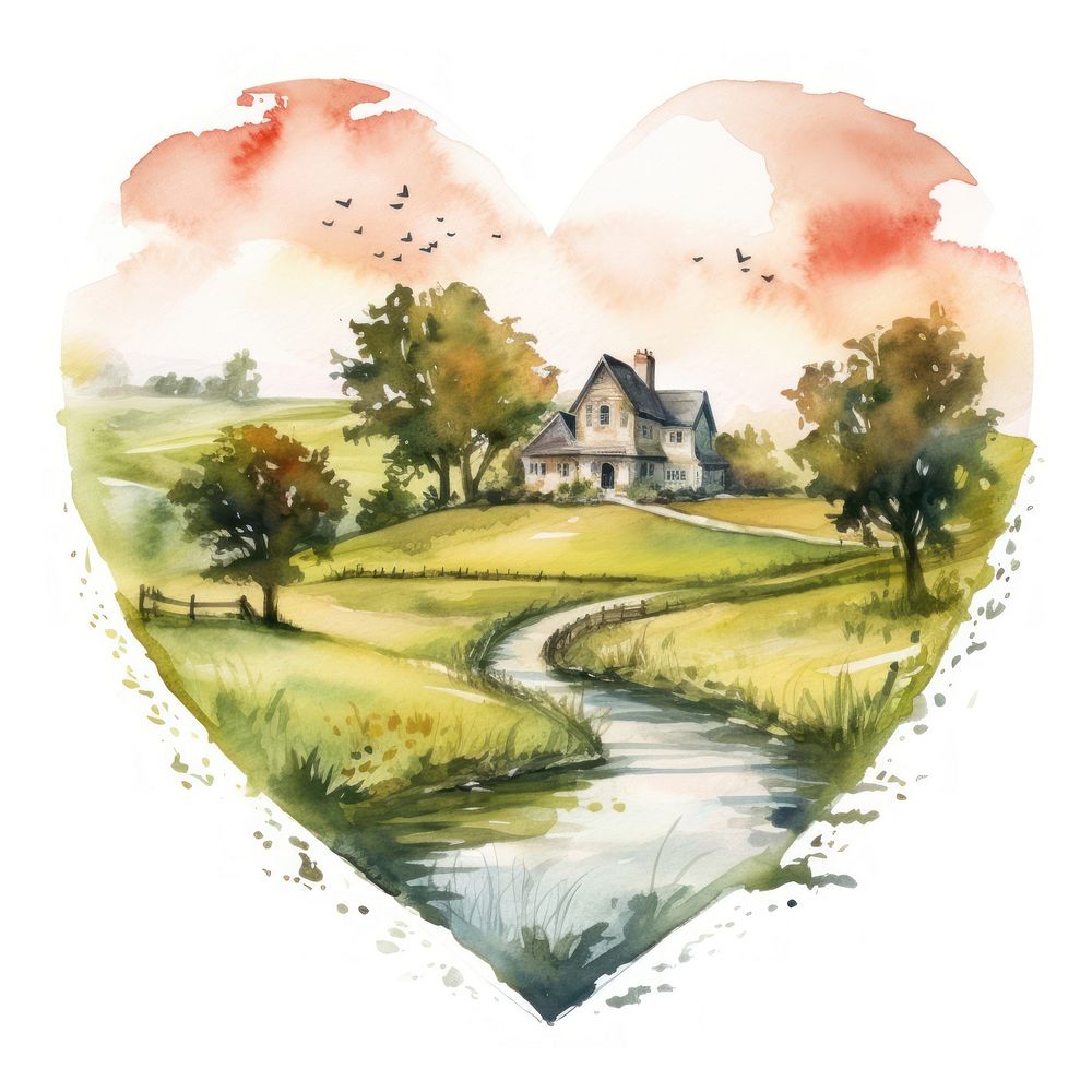 Heart watercolor countryside architecture outdoors painting.