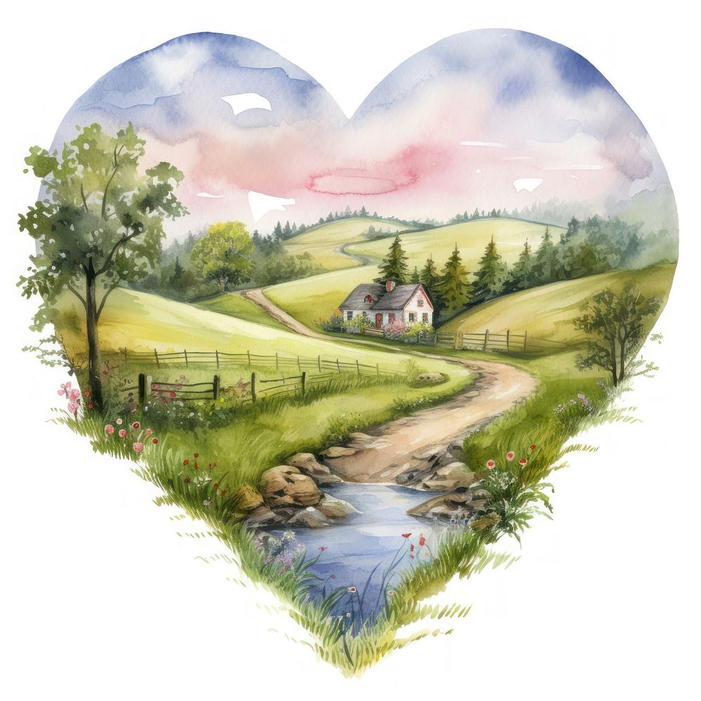 Heart watercolor countryside landscape outdoors nature.