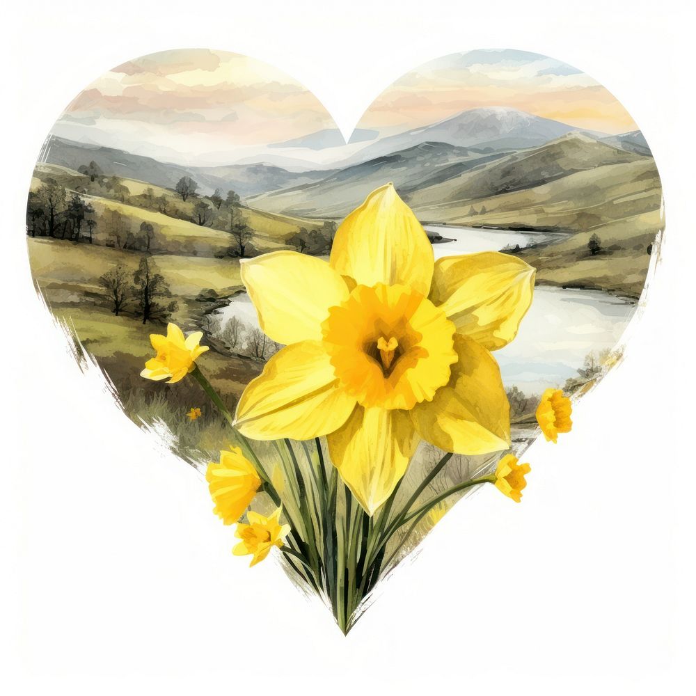 Heart watercolor daffodil flower plant white background.
