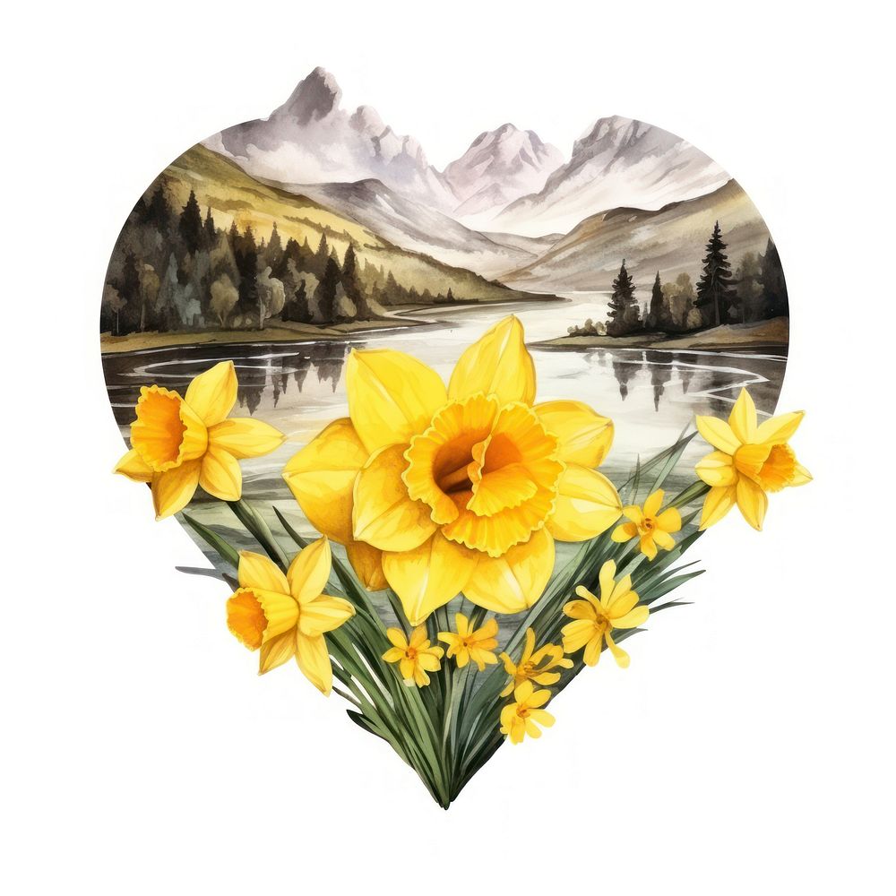 Heart watercolor daffodil flower plant white background.