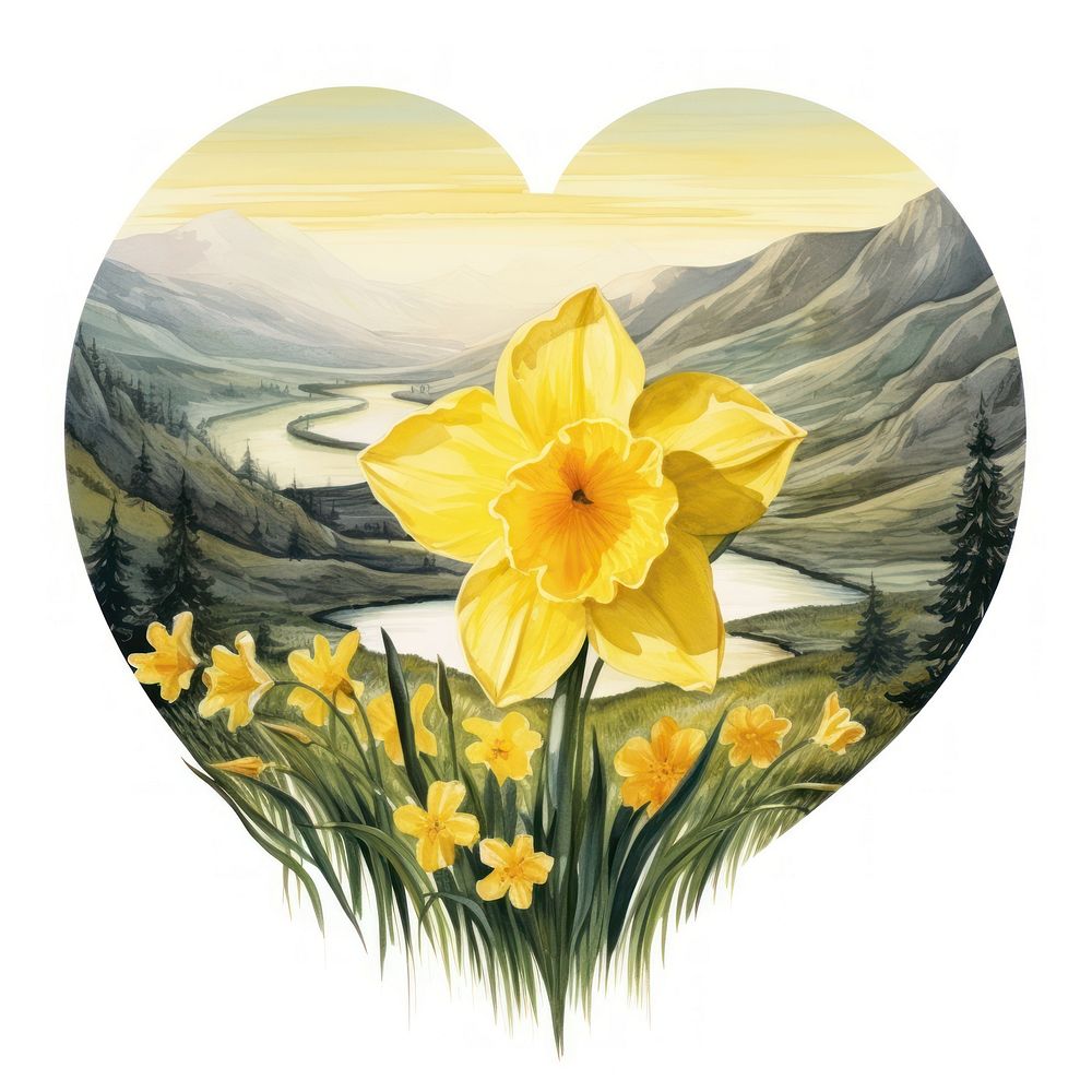 Heart watercolor daffodil landscape flower plant.