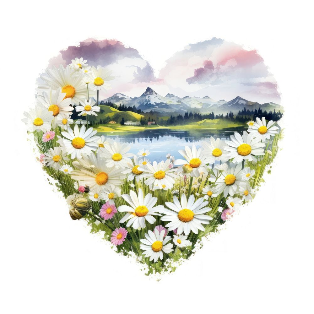 Heart watercolor daisy landscape painting flower.