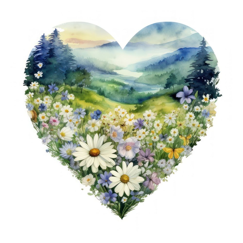 Heart watercolor daisy landscape painting flower.