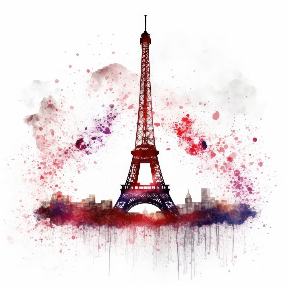 Heart watercolor effel tower architecture city splattered.