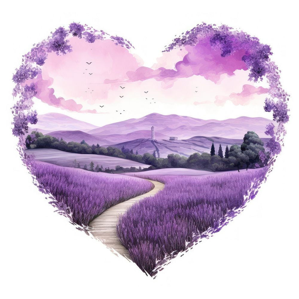 Heart watercolor lavender field landscape flower purple.