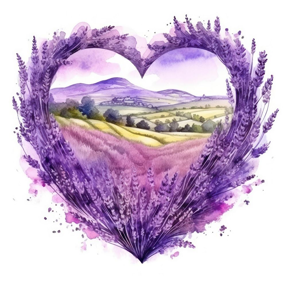 Heart watercolor lavender field landscape flower purple.
