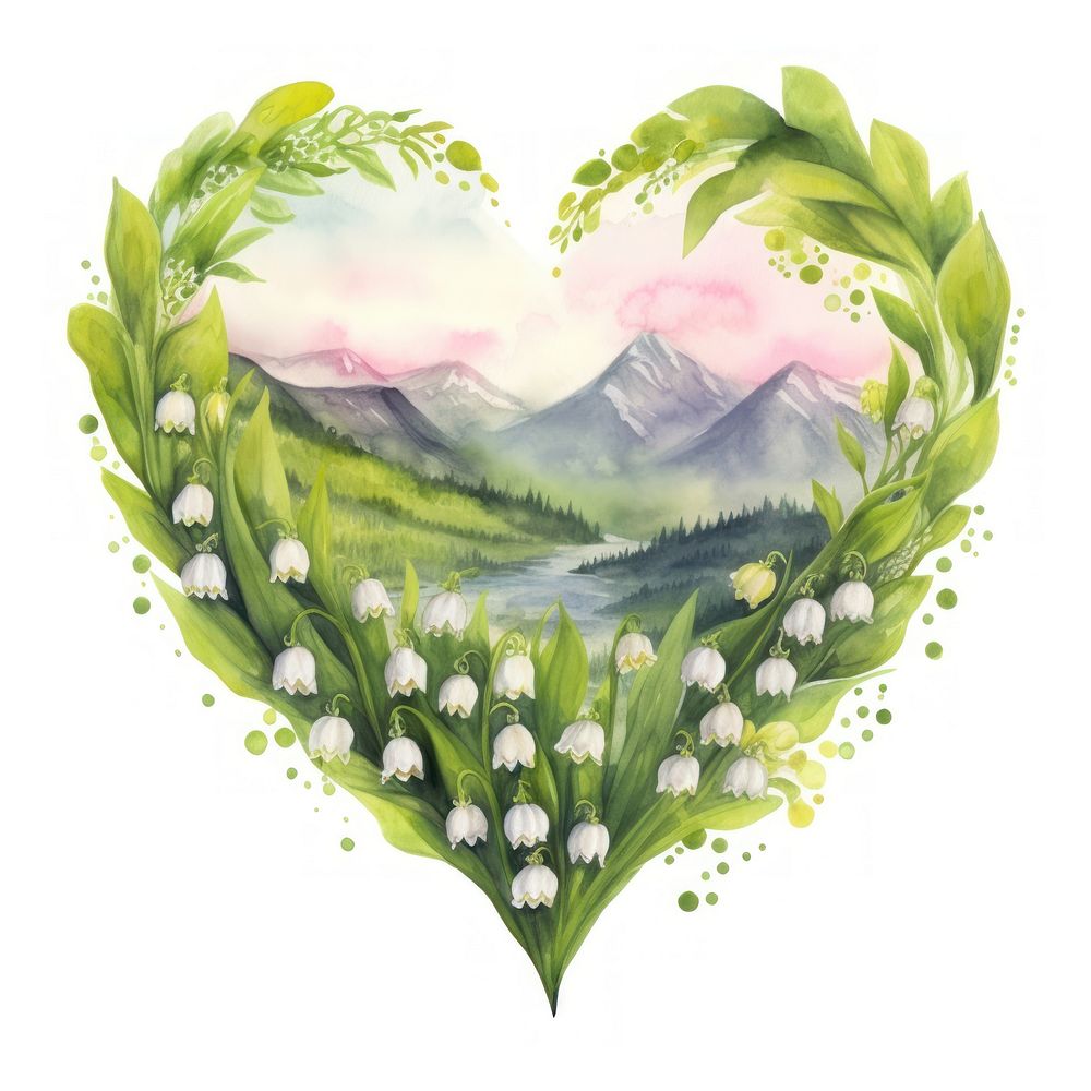 Heart watercolor lily of the valley landscape flower plant.