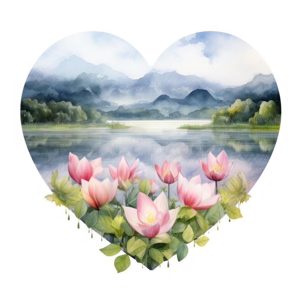Heart watercolor lotus lake landscape painting outdoors.